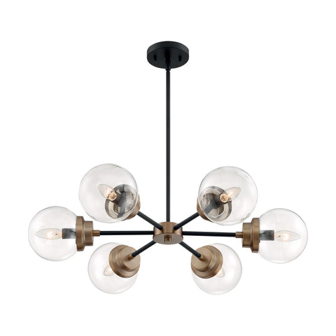 Axis 6 Light Chandelier with Clear Glass Matte Black and Brass Finish