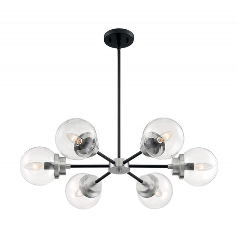 Axis 6 Light Chandelier with Clear Glass Matte Black and Brushed Nickel Accents Finish