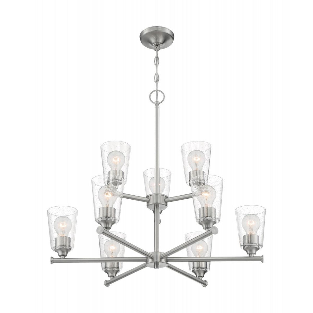 Bransel 9 Light Chandelier with Seeded Glass Brushed Nickel Finish
