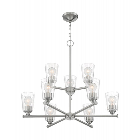 Bransel 9 Light Chandelier with Seeded Glass Brushed Nickel Finish
