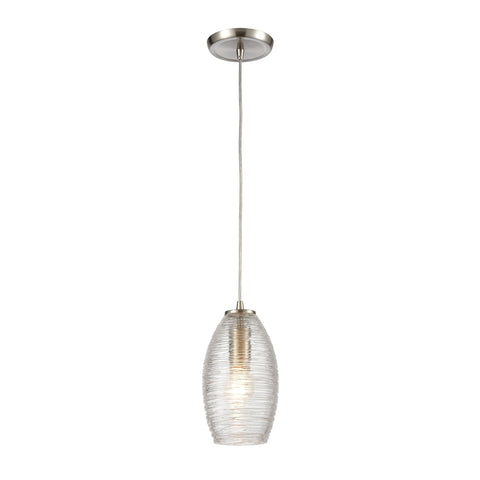 Frazzle 1-Light Mini Pendant in Satin Nickel with Horizontally Textured Clear Glass