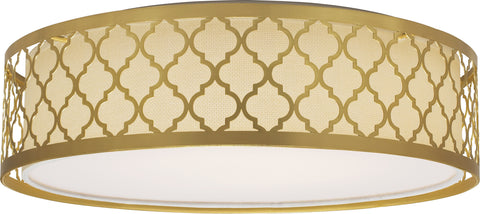 15 in. Filigree LED Decor Flush Mount Fixture - Natural Brass; White Fabric Shade