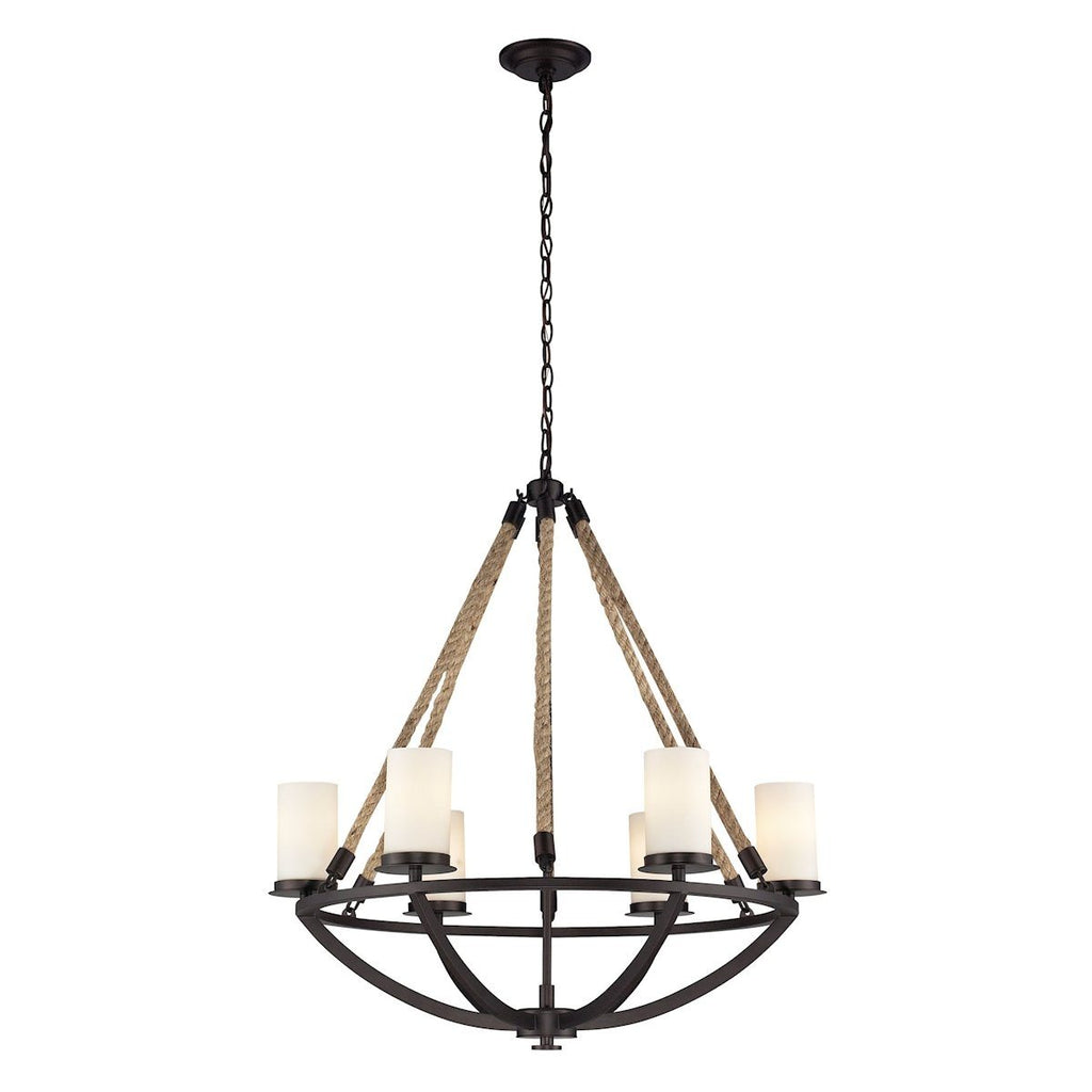 Natural Rope 6 Light Chandelier In Aged Bronze And White Glass Ceiling Elk Lighting 