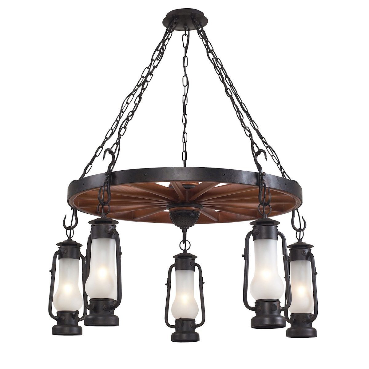 Stagecoach 5 Light Chandelier In Matte Black And Acid Etched Glass Ceiling Elk Lighting 