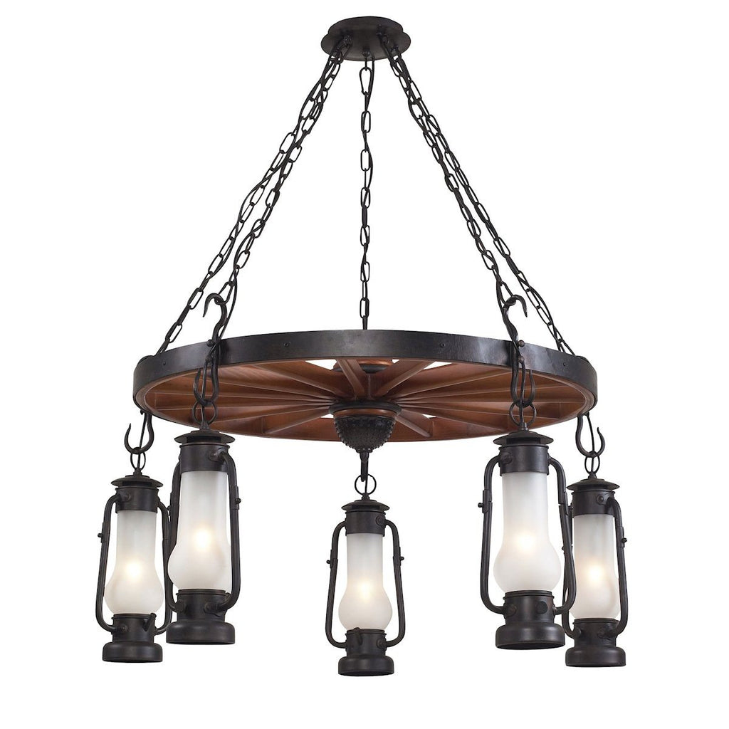 Stagecoach 5 Light Chandelier In Matte Black And Acid Etched Glass Ceiling Elk Lighting 