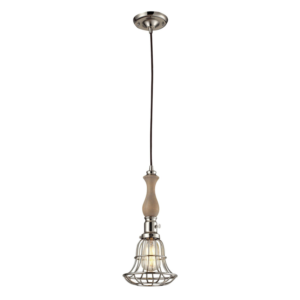 Cage and Spindle 7"w Wood Mini Pendant in Polished Nickel Ceiling ELK Lighting 