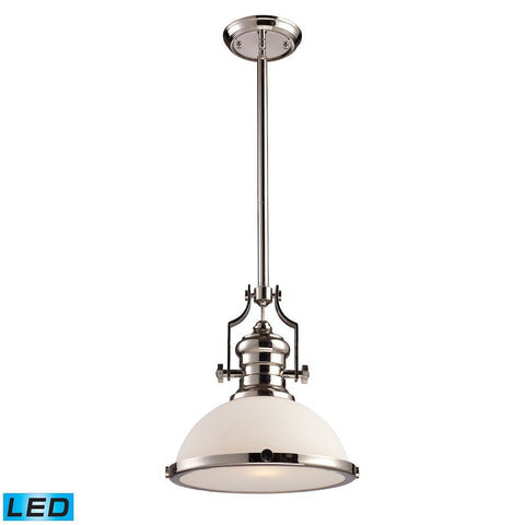 Chadwick 1 Light LED Pendant In Polished Nickel With White Glass Ceiling Elk Lighting 