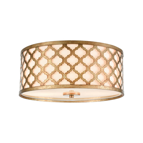 Arabesque 2-Light Flush Mount in Bronze Gold with White Fabric Shade