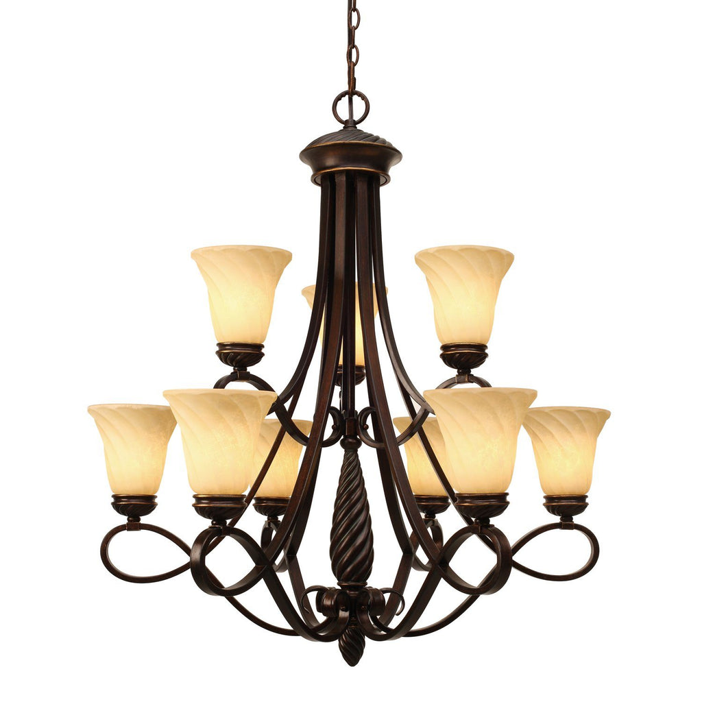 Torbellino 2 Tier - 9 Light Chandelier in Cordoban Bronze with Remolino Glass Ceiling Golden Lighting 