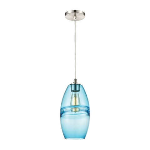 Melvin 1-Light Mini Pendant in Satin Nickel with Aqua Fused Glass with Blue Accent Ceiling Elk Lighting 