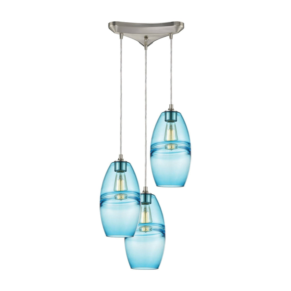 Melvin 3-Light Pendant in Satin Nickel with Aqua Fused Glass with Blue Accent Ceiling Elk Lighting 