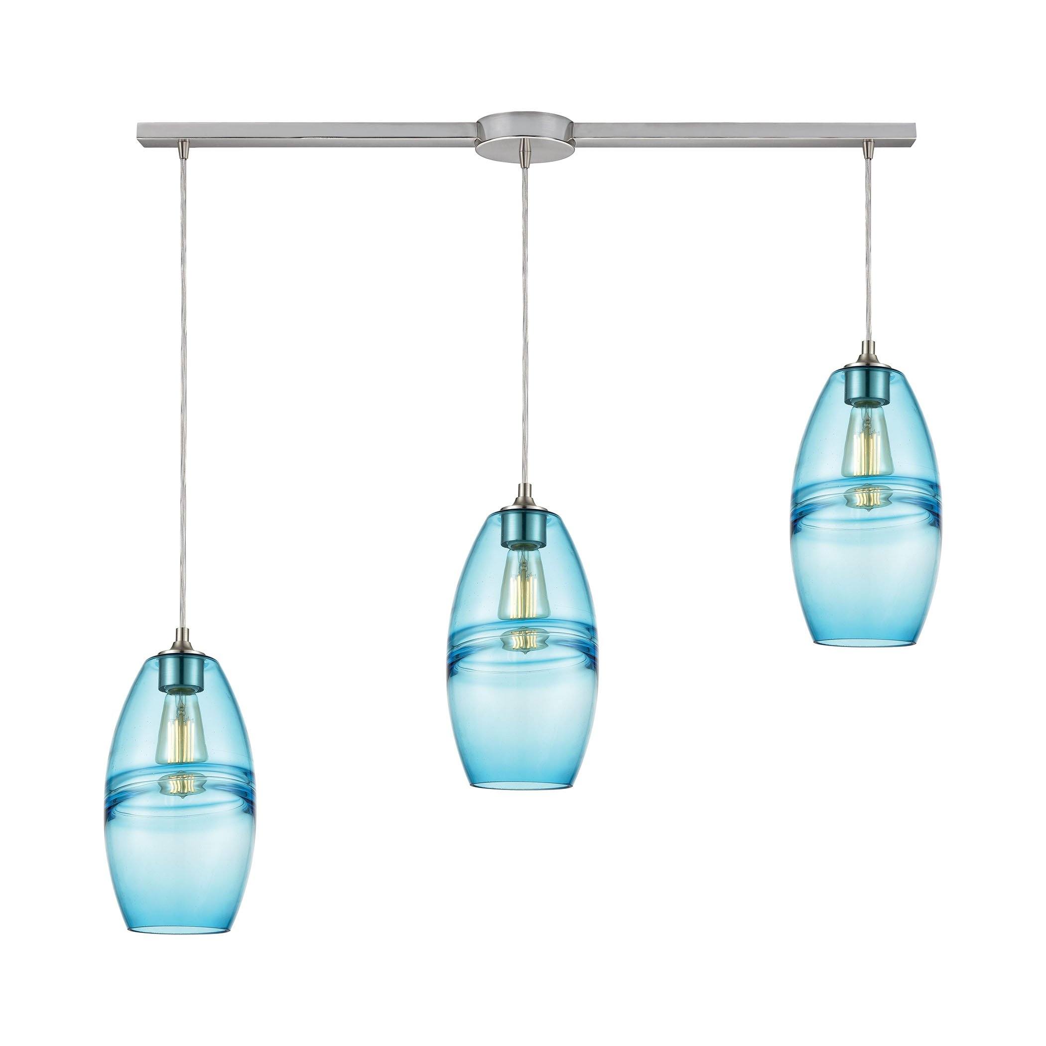 Melvin 3-Light Pendant in Satin Nickel with Aqua Fused Glass with Blue Accent Ceiling Elk Lighting 