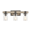 Crenshaw 3-Light Vanity Light in Anvil Iron and Distressed Antique Graywood with Seedy Glass