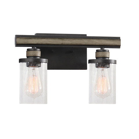 Beaufort 2-Light Vanity Light in Anvil Iron and Distressed Antique Graywood with Seedy Glass