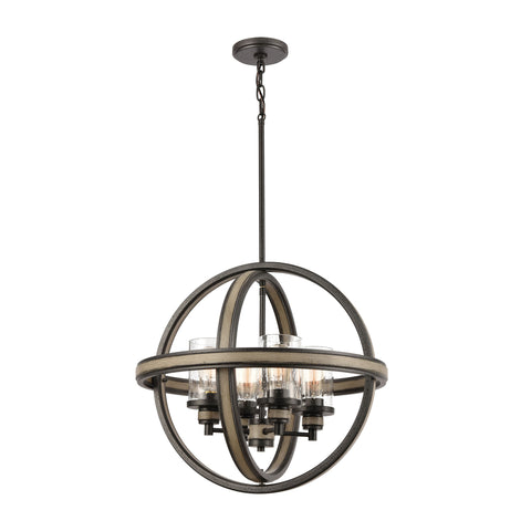 Beaufort 4-Light Chandelier in Anvil Iron and Distressed Antique Graywood with Seedy Glass
