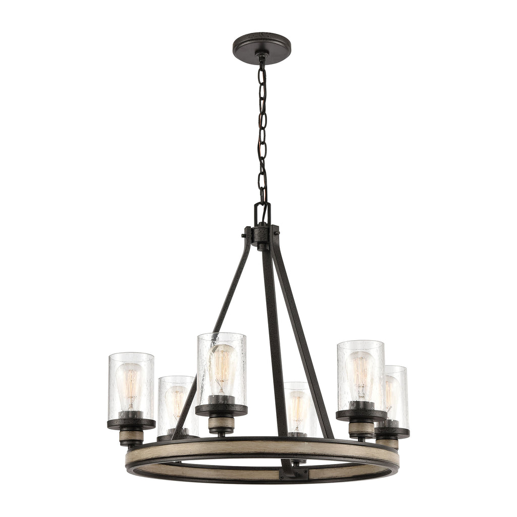 Beaufort 6-Light Chandelier in Anvil Iron and Distressed Antique Graywood with Seedy Glass
