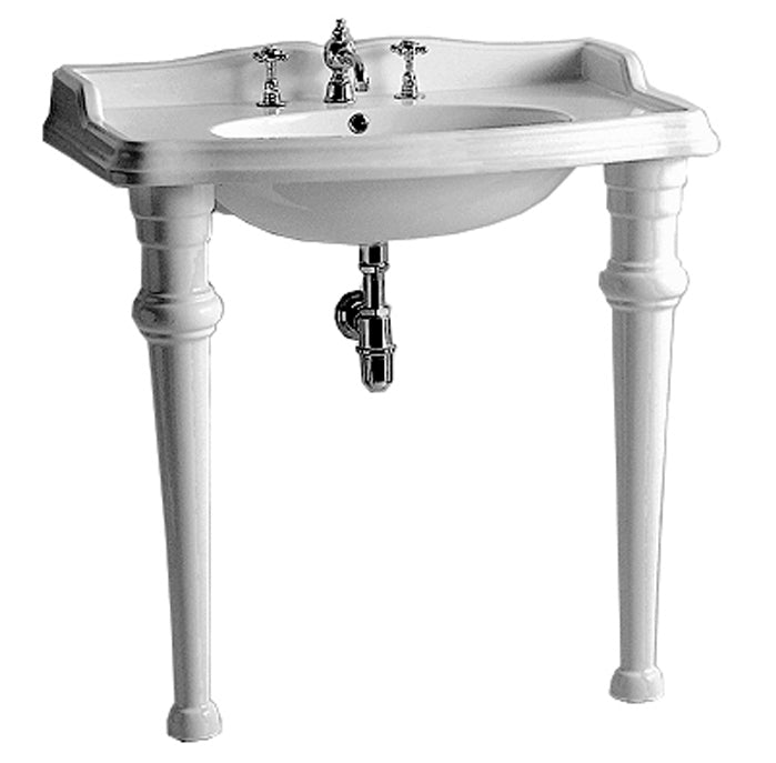 Isabella Collection Rectangular Console with integrated oval bowl, widespread faucet drill, backsplash, ceramic leg support and chrome overflow