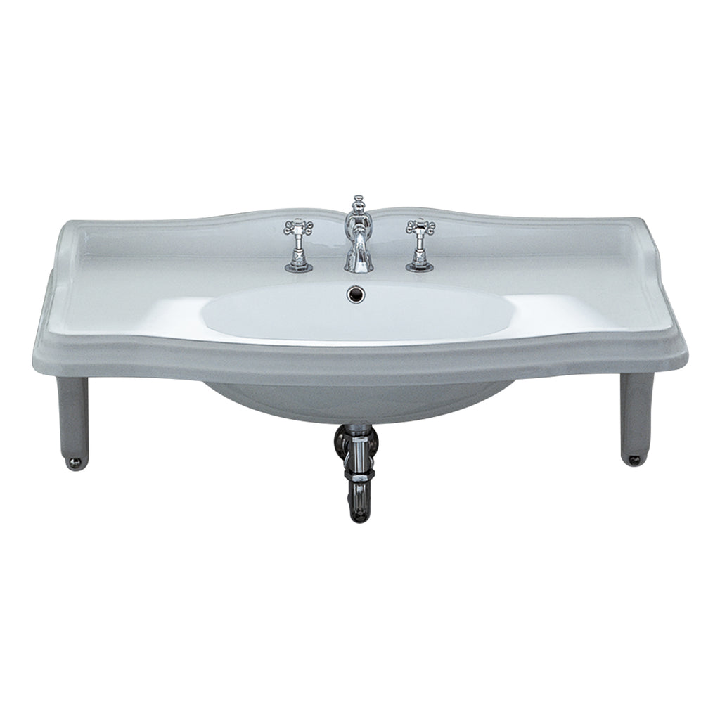 Isabella Collection Large Rectangular Wall Mount Basin with Integrated Oval Bowl, Widespread Faucet Drilling and Ceramic Shelf Supports