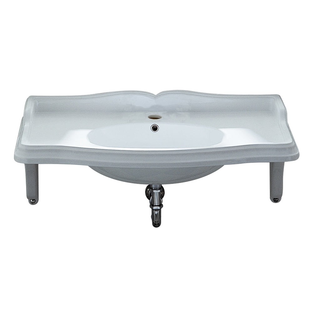 Isabella Collection Large Rectangular Wall Mount Basin with Integrated Oval Bowl and Ceramic Shelf Supports