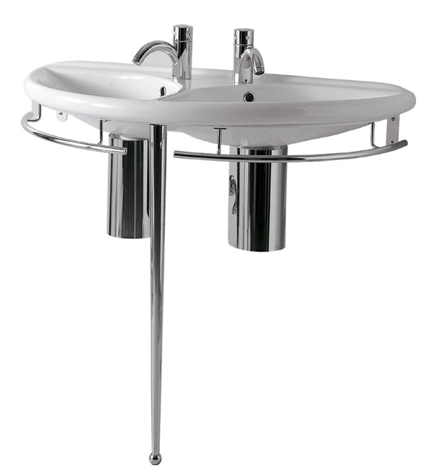 Isabella Collection Semi-Circular Double Basin China Console with Chrome Overflow, Polished Chrome Towel Rails and Leg Support