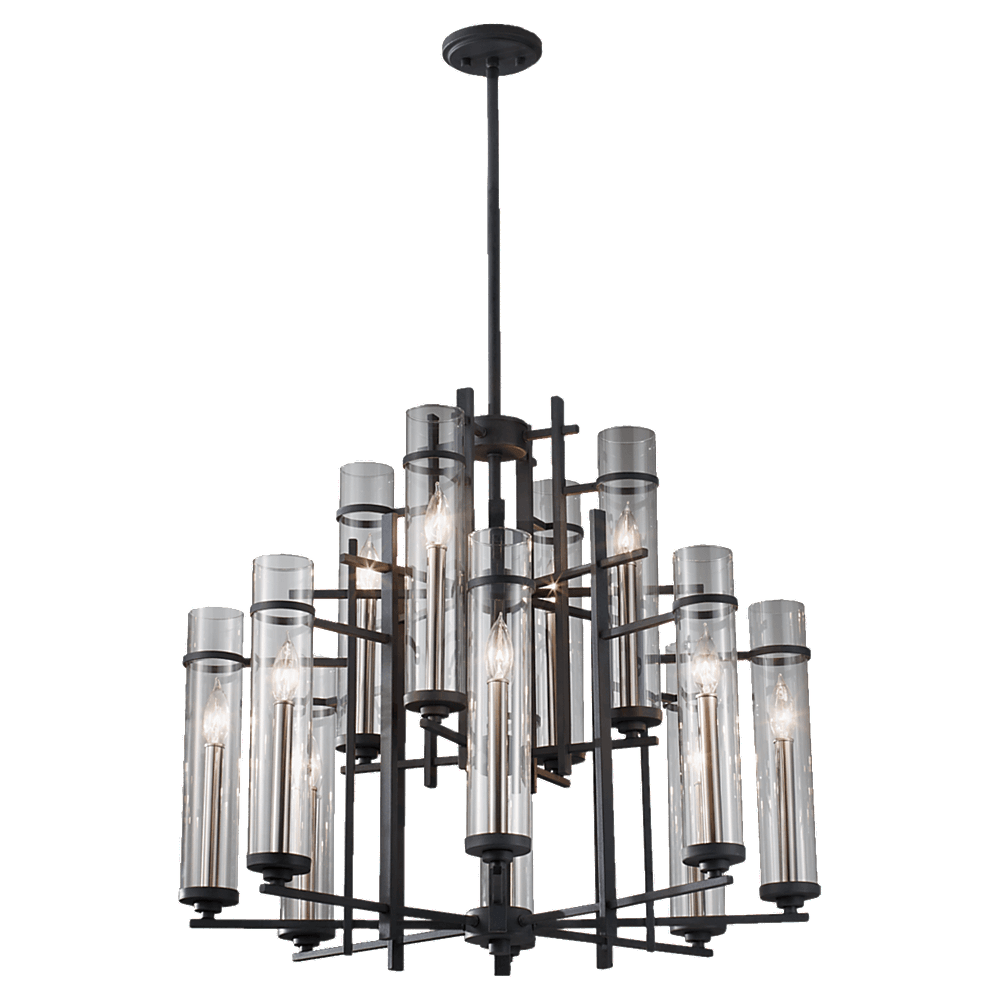 Ethan Antique Forged Iron / Brushed Steel 12-Light Multi-Tier Chandelier Ceiling Feiss 