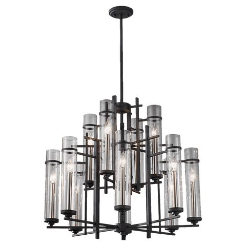 Ethan Antique Forged Iron / Brushed Steel 12-Light Multi-Tier Chandelier Ceiling Feiss 