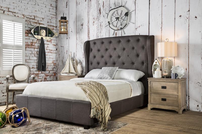 Revene Tufted Flax Fabric Cal King Bed Gray Furniture Enitial Lab 