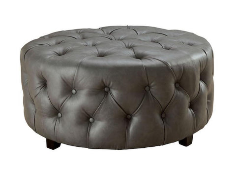 Lelan Round Tufted Bonded Leather Ottoman Gray Furniture Enitial Lab Gray 