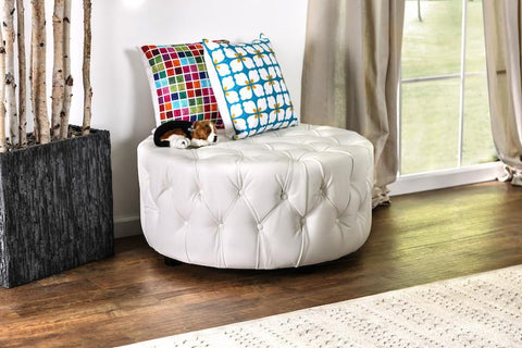 Lelan Round Tufted Bonded Leather Ottoman White Furniture Enitial Lab 