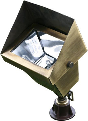 Solid Brass 12V Area Flood Light with Hood - Antique Brass Finish Outdoor Dabmar 20W Halogen 