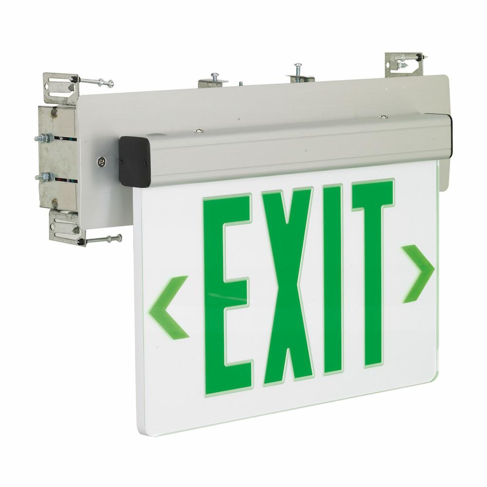 Green LED Wall Mount Recessed Edge-Lit Exit Sign, 2-Circuit - Aluminum Finish Architectural Nora Lighting Clear Acrylic 