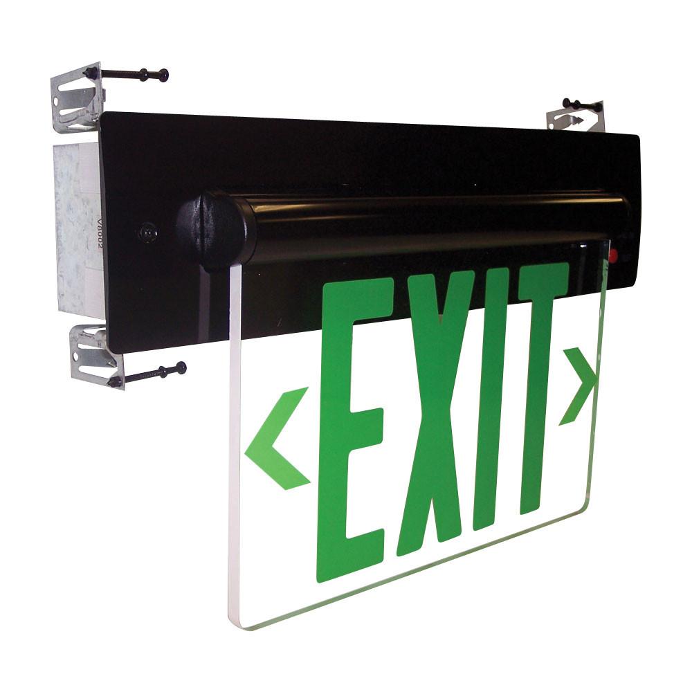 Green LED Double Face Recessed Edge-Lit Exit, AC only, Mirror, Alum. Architectural Nora Lighting 