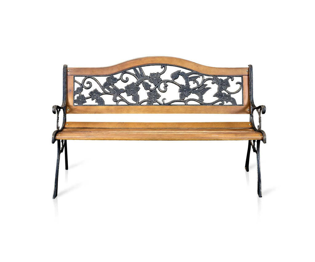Pilas Floral Wood & Iron Outdoor Bench Natural Oak Outdoor Enitial Lab 
