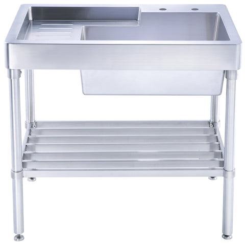 Pearlhaus Brushed Stainless Steel  Single Bowl, Freestanding Utility Sink with Drainboard and Lower Rack