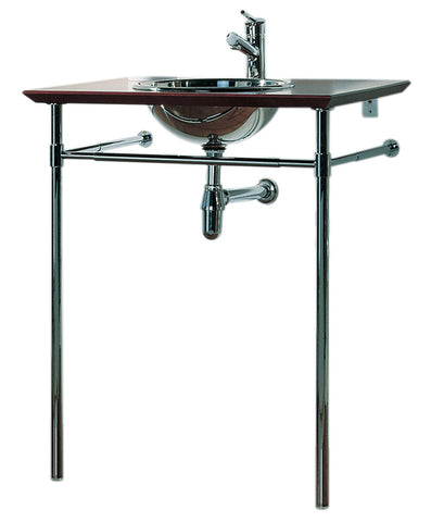 New Generation Exotic Bubinga Wood Counter Top with Mahogany Finish Includes: Polished Stainless Steel Drop-In Basin and Double Leg Supports with Attached Towel Bar
