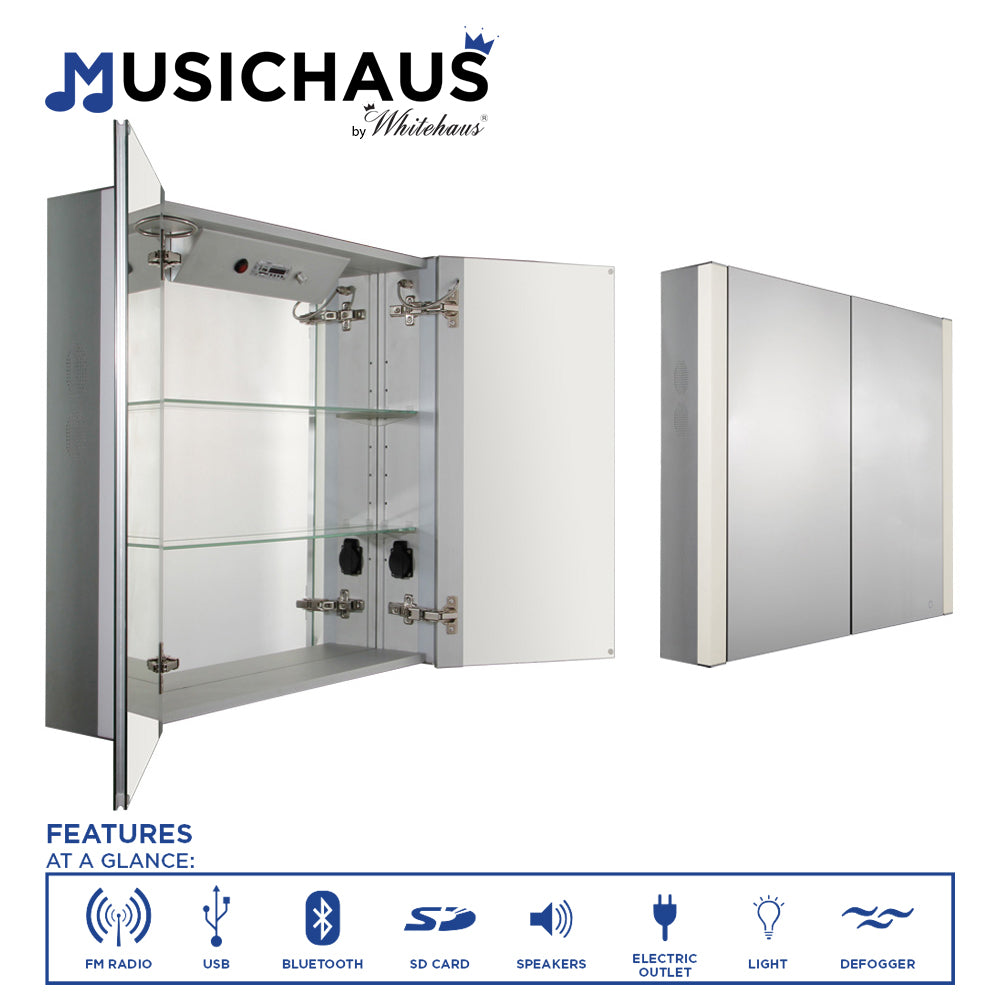 Musichaus Double Mirrored Door Medicine Cabinet with USB, SD Card, Bluetooth, FM radio, Speakers, Defogger, & Dimmer