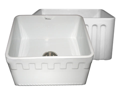 Farmhaus Fireclay Reversible Sink with a Castlehaus Design Front Apron on One Side  and Fluted Front Apron on the Opposite Side