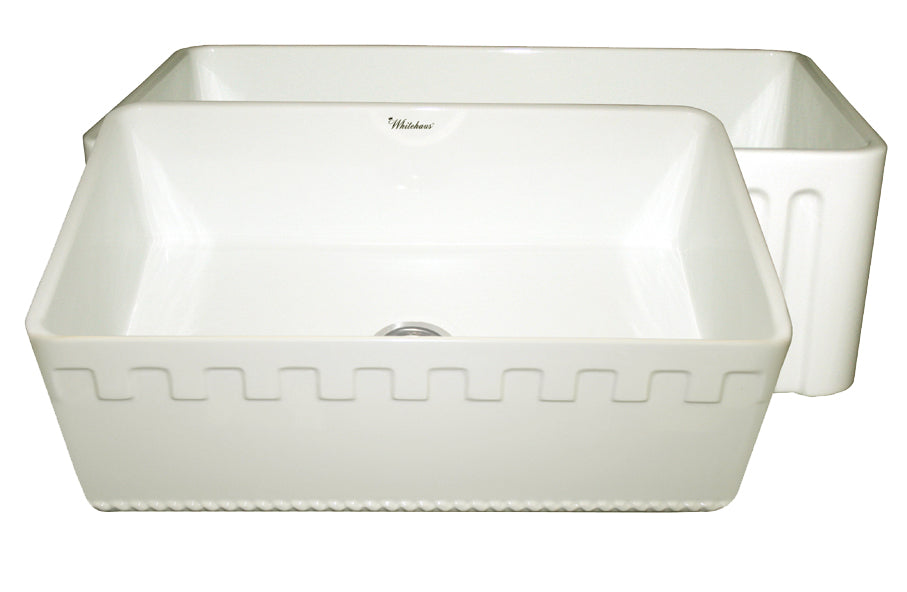Farmhaus Fireclay Reversible Sink with a Castlehaus Design Front Apron on One Side  and Fluted Front Apron on the Opposite Side