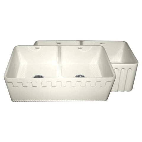 Farmhaus Fireclay Reversible Double Bowl Sink with a Castlehaus Design Front Apron on One Side  and Fluted Front Apron on the Opposite Side
