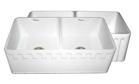 Farmhaus Fireclay Reversible Double Bowl Sink with a Castlehaus Design Front Apron on One Side  and Fluted Front Apron on the Opposite Side