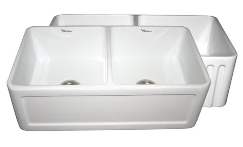 Farmhaus Fireclay Reversible Double Bowl Sink with a Concave Front Apron on One Side and Fluted Front Apron on the Other