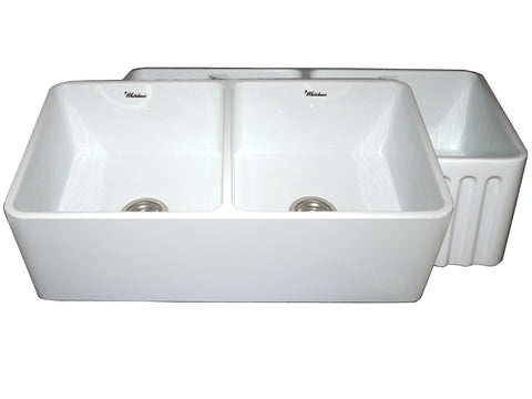 Farmhaus Fireclay Reversible Double Bowl Kitchen Sink with Smooth Front Apron on One Side  and Fluted Front Apron on the Opposite Side