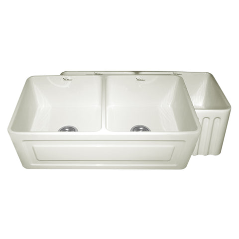 Farmhaus Fireclay Reversible Double Bowl Sink with a Raised Panel Front Apron on One Side and Fluted Front Apron on the Opposite Side