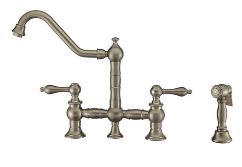 Vintage III Plus Bridge Faucet with Long Traditional Swivel Spout, Lever Handles and Solid Brass Side Spray