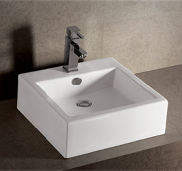 Isabella Collection Square Wall Mount Basin with Overflow, Single Faucet Hole and Rear Center Drain