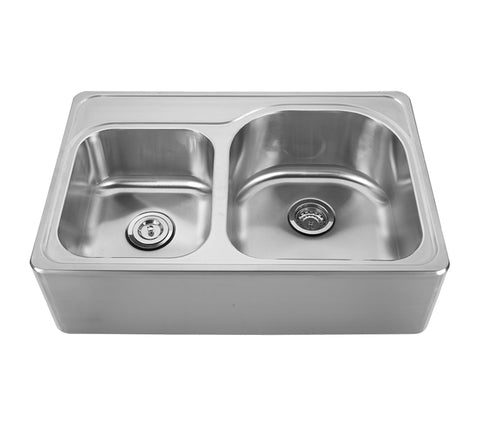 Noah's Collection Brushed Stainless Steel Double Bowl Drop-in Sink with a Seamless Customized Front Apron