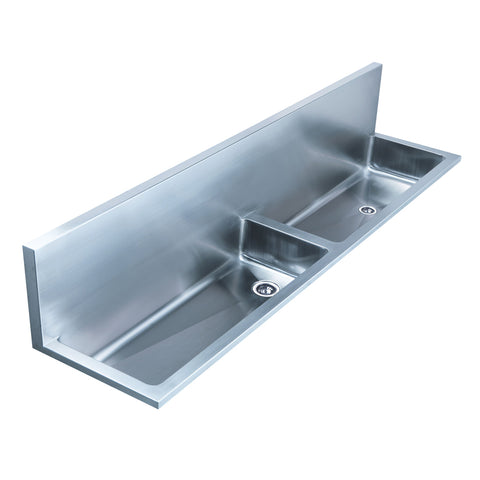 Noah's Collection Brushed Stainless Steel Double Bowl Wall Mount Utility Sink with 2 1/2" Far Right Center Drain in the Left Bowl and 2" Inch Offset Drain in the Right