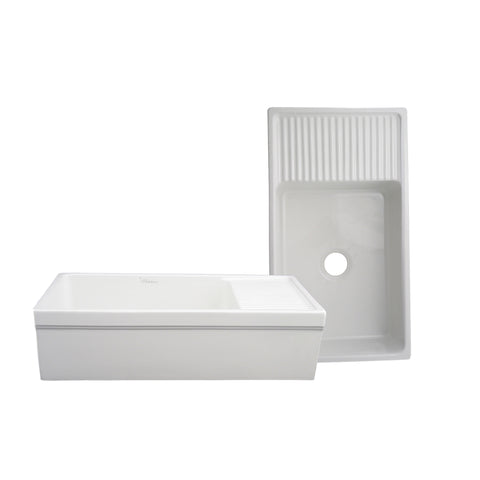 Farmhaus Fireclay Quatro Alcove Large Reversible Sink with Integral Drainboard and Decorative 2 «" Lip on Both Sides