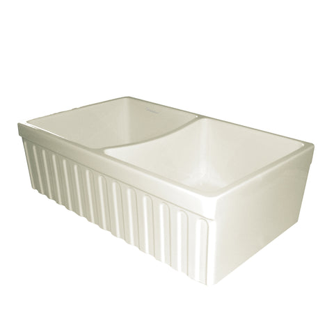 Farmhaus Fireclay Quatro Alcove Reversible Double Bowl Sink with a Fluted Front Apron and 2" Lip on One Side and 2 «" Lip on the Opposite Side