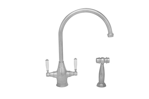 Queenhaus Dual Handle Faucet with Long Gooseneck Spout, Porcelain Lever Handles and Solid Brass Side Spray